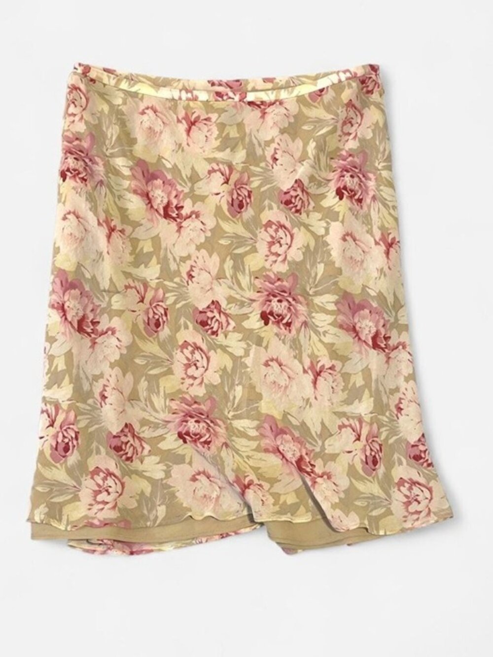 vintage y2k Ann Taylor pink and beige floral silk midi skirt